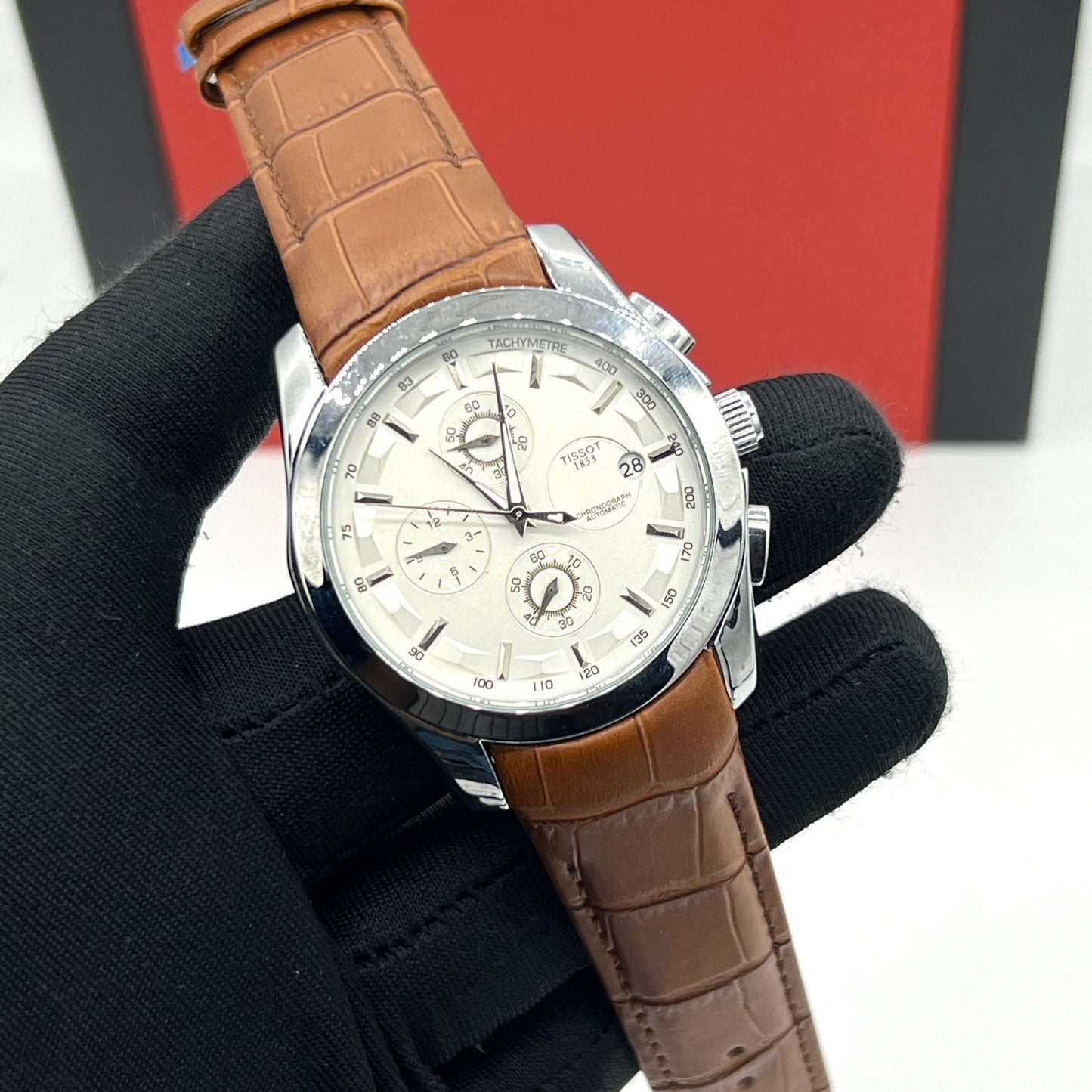 Tissot Chronograph Tachymeter A-Class Watch - White Dial with Brown Leather Strap