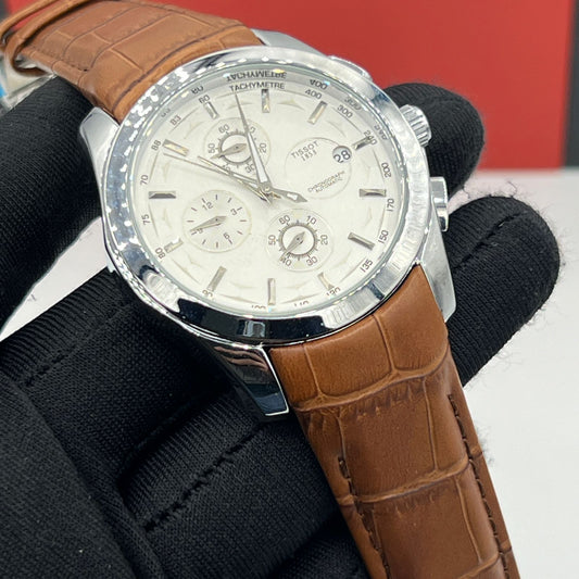 Tissot Chronograph Tachymeter A-Class Watch - White Dial with Brown Leather Strap