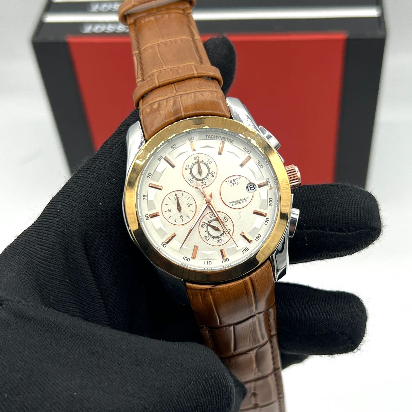 Tissot Chronograph Tachymeter A-Class Watch - White Dial with Brown Leather Strap
