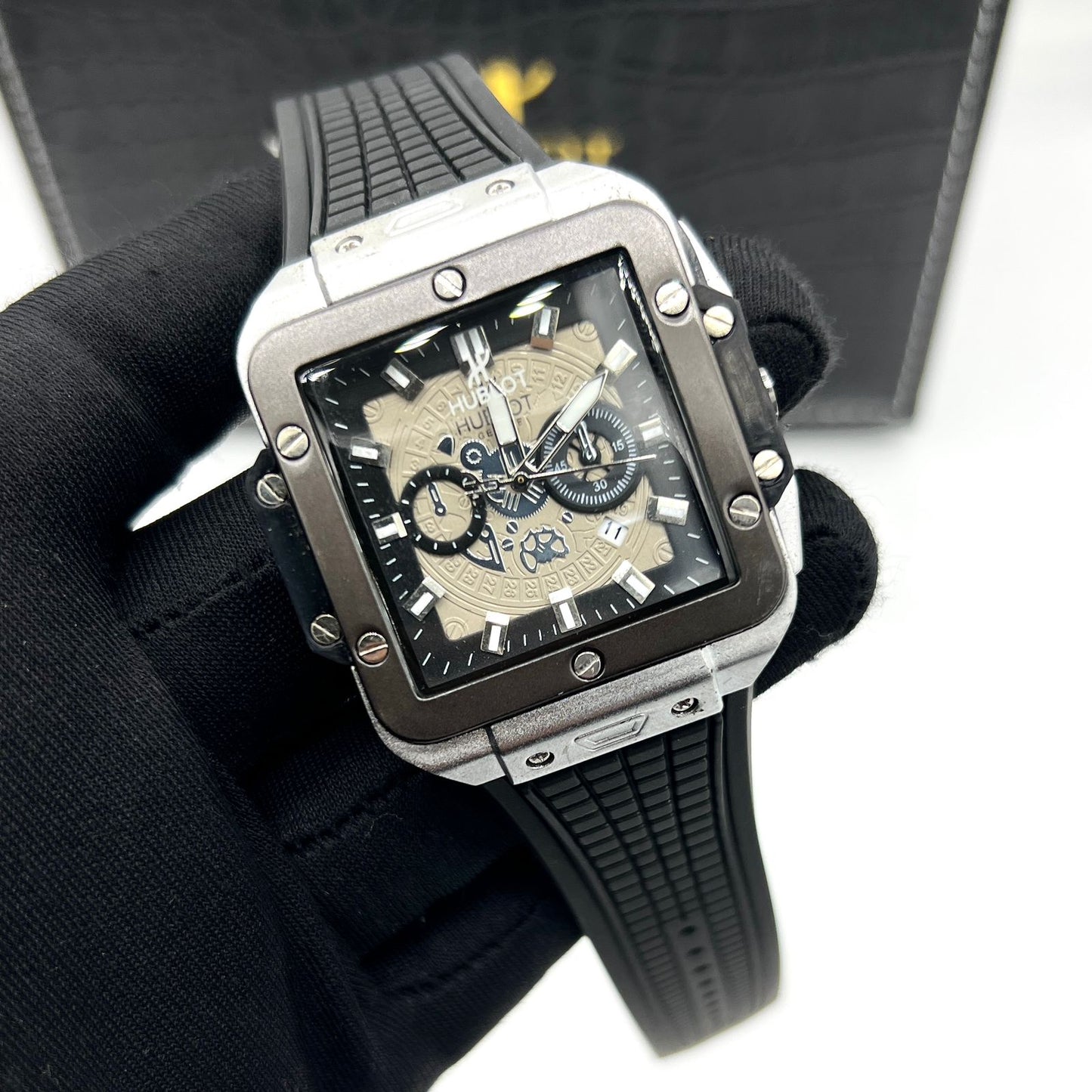 Hublot-Style Square Chronograph Watch with Industrial Dial and Rubber Strap