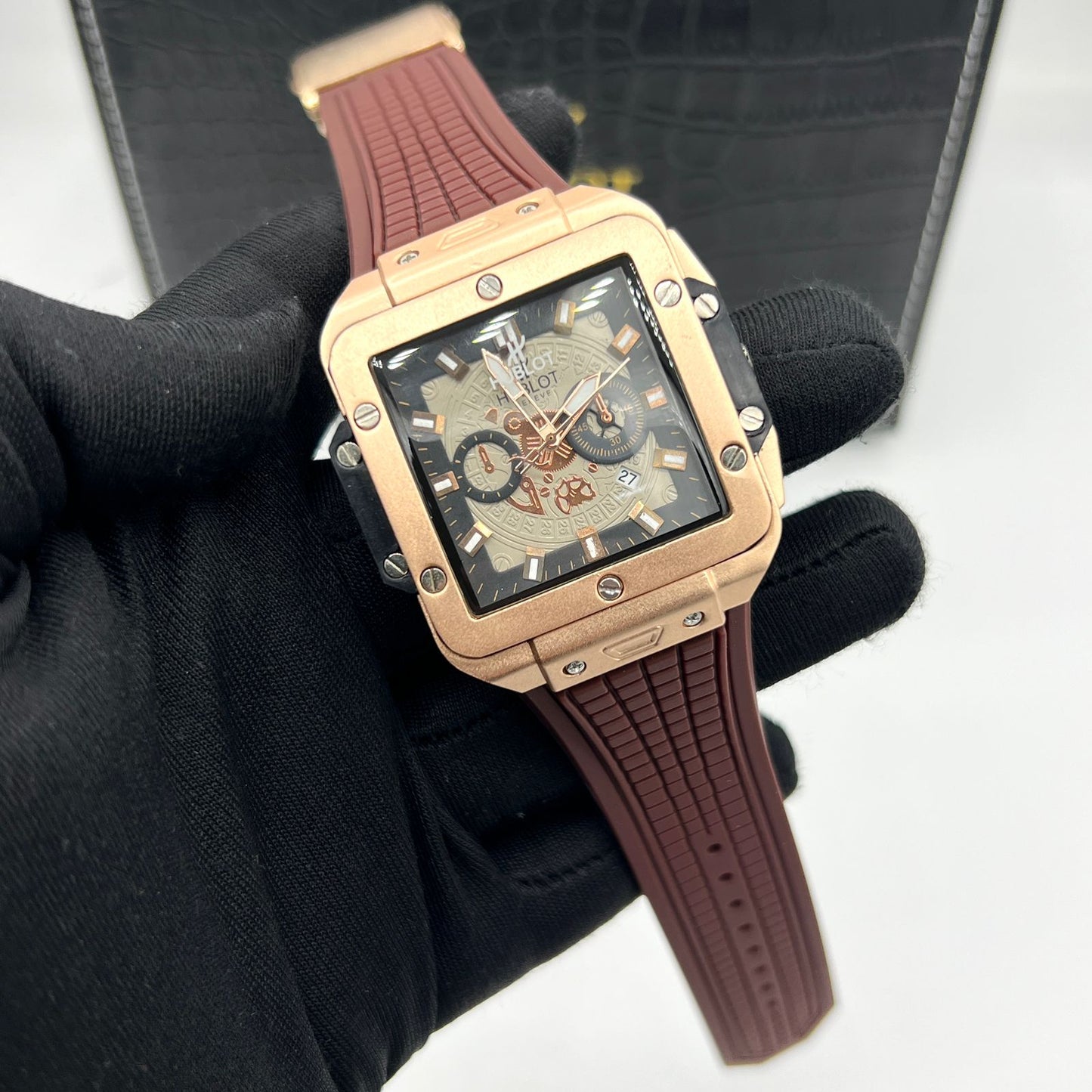 Hublot-Style Square Chronograph Watch with Industrial Dial and Rubber Strap