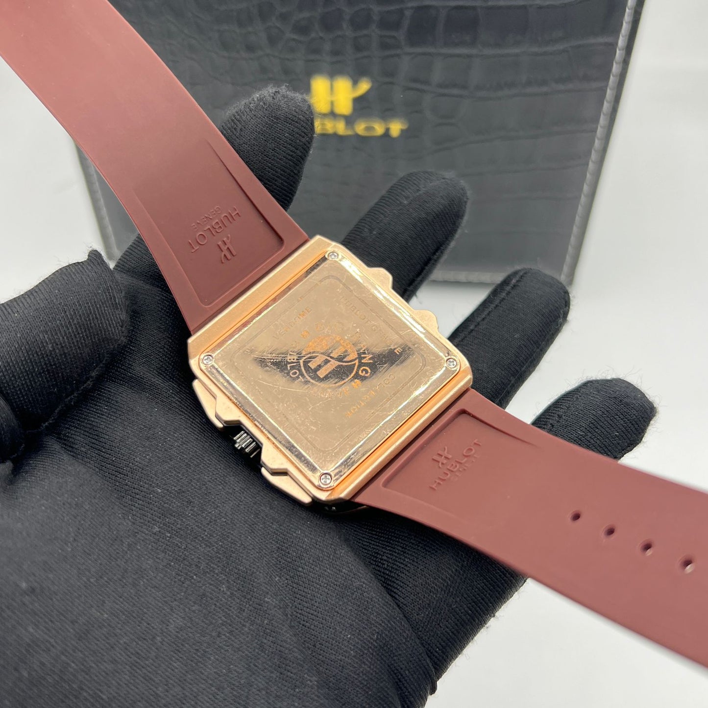 Hublot-Style Square Chronograph Watch with Industrial Dial and Rubber Strap