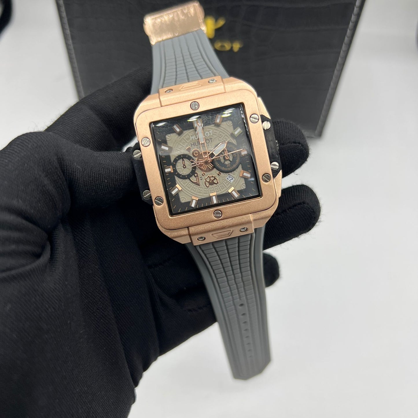 Hublot-Style Square Chronograph Watch with Industrial Dial and Rubber Strap