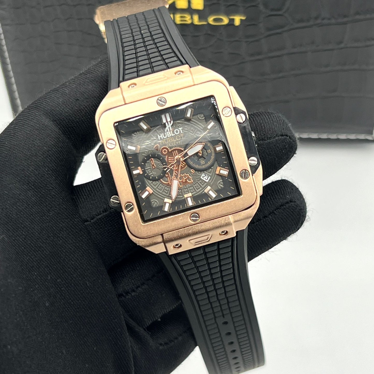 Hublot-Style Square Chronograph Watch with Industrial Dial and Rubber Strap