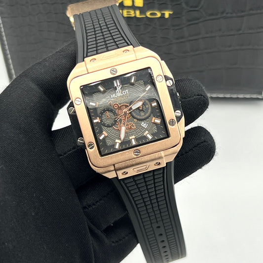Hublot-Style Square Chronograph Watch with Industrial Dial and Rubber Strap