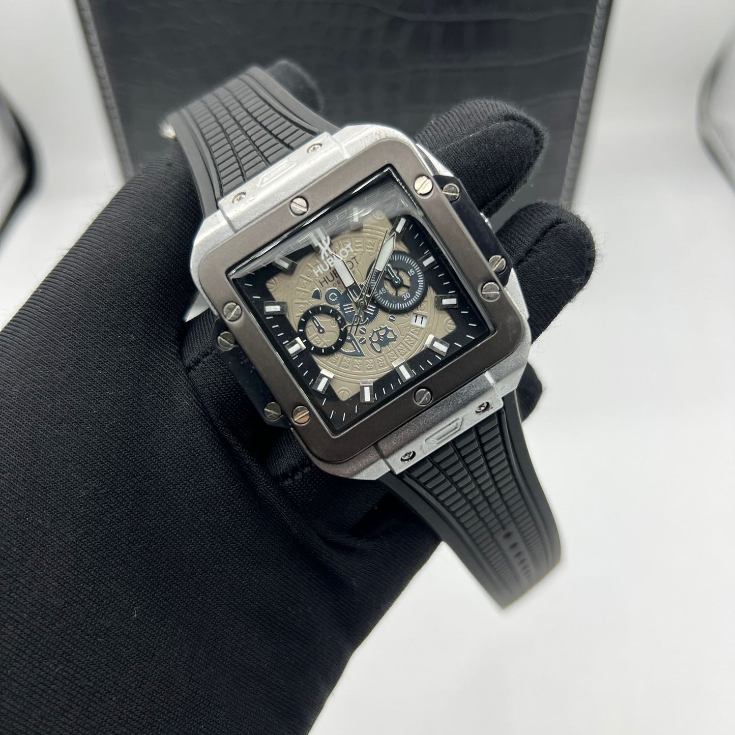 Hublot-Style Square Chronograph Watch with Industrial Dial and Rubber Strap