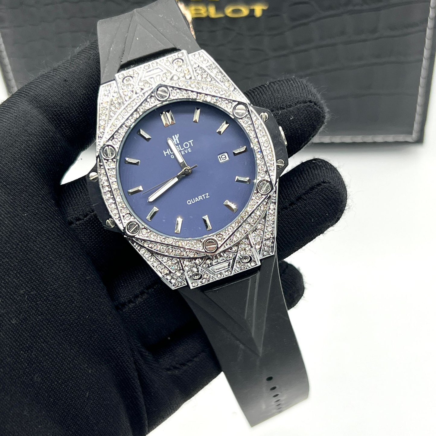 Hublot-Style Luxury Diamond-Studded Quartz Watch with Blue Dial butterfly lock