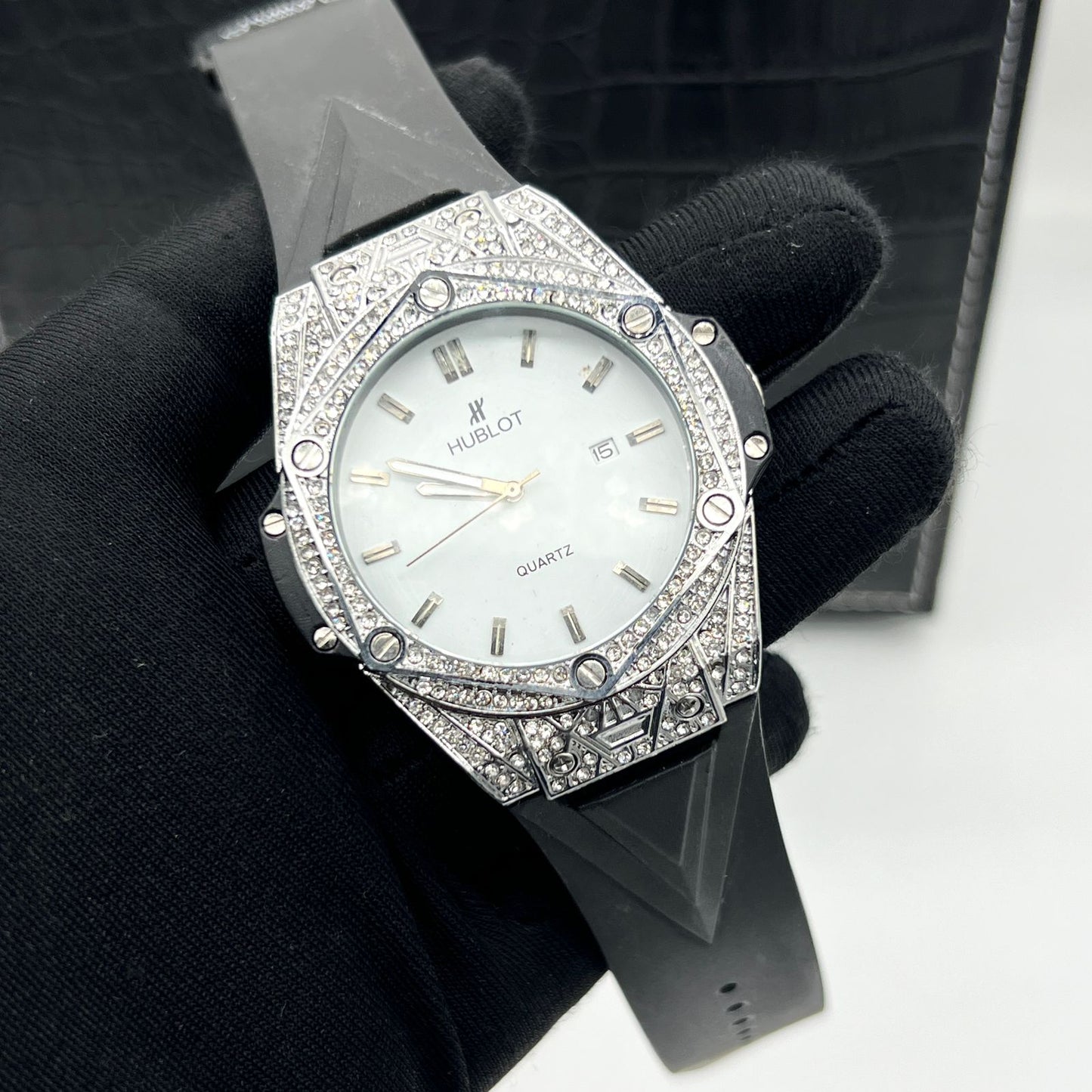Hublot-Style Luxury Diamond-Studded Quartz Watch with Blue Dial butterfly lock