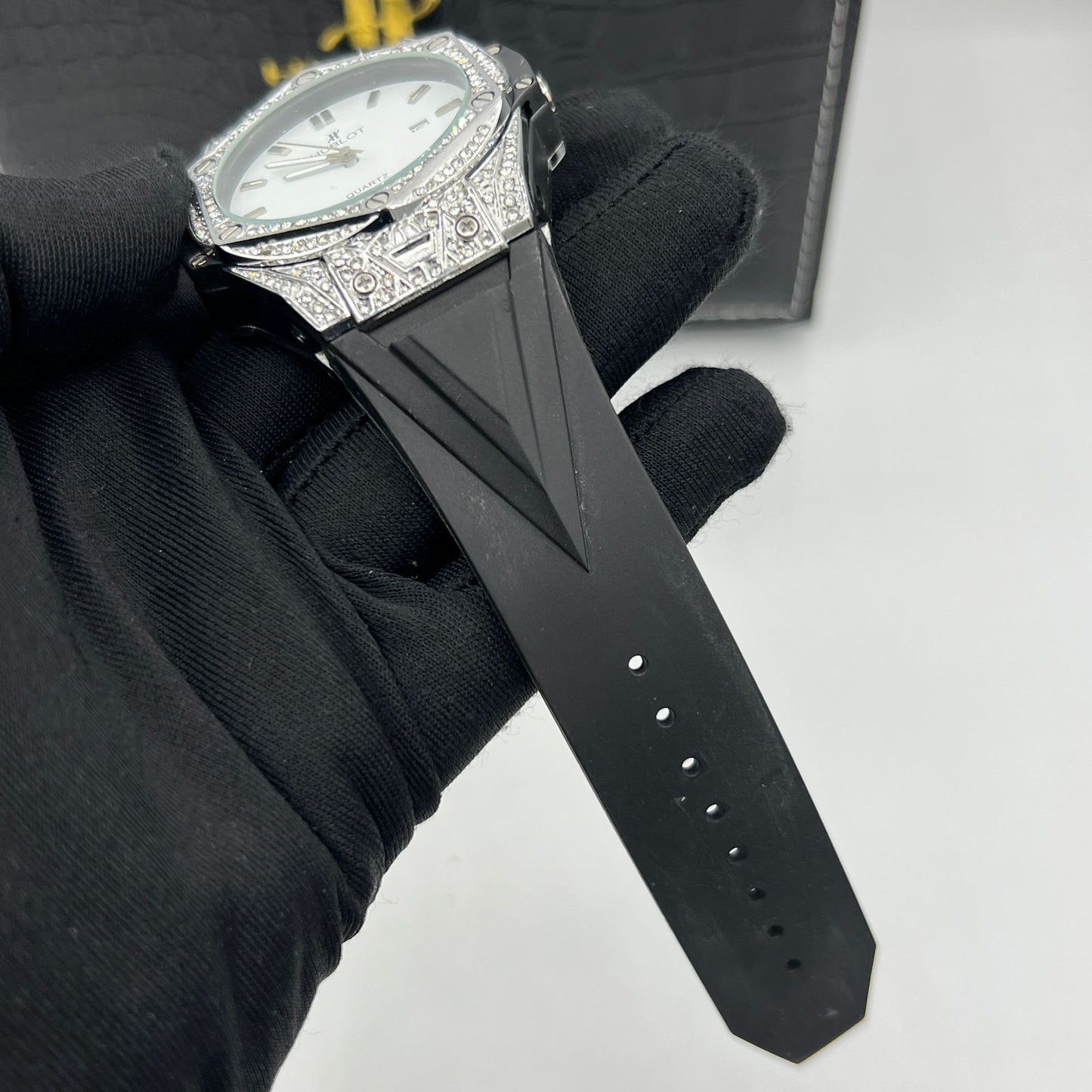 Hublot-Style Luxury Diamond-Studded Quartz Watch with Blue Dial butterfly lock