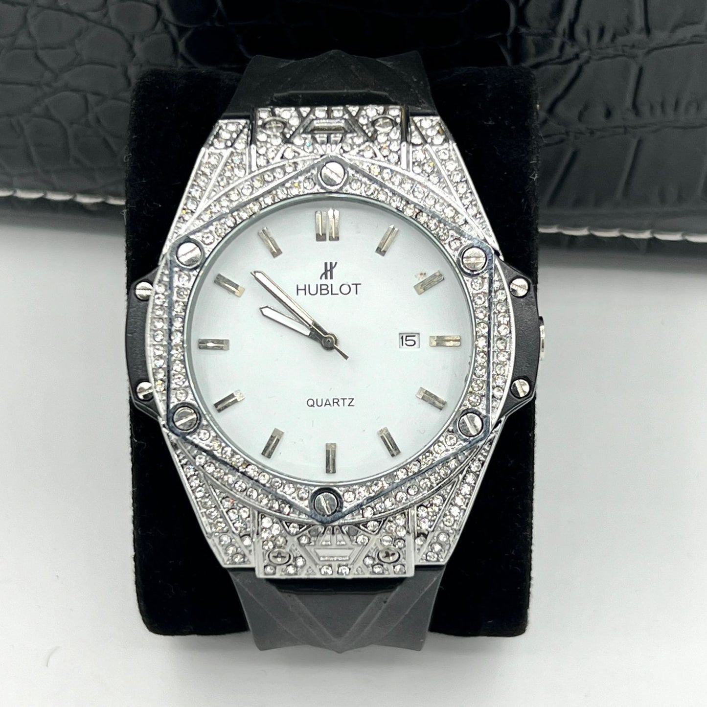 Hublot-Style Luxury Diamond-Studded Quartz Watch with Blue Dial butterfly lock