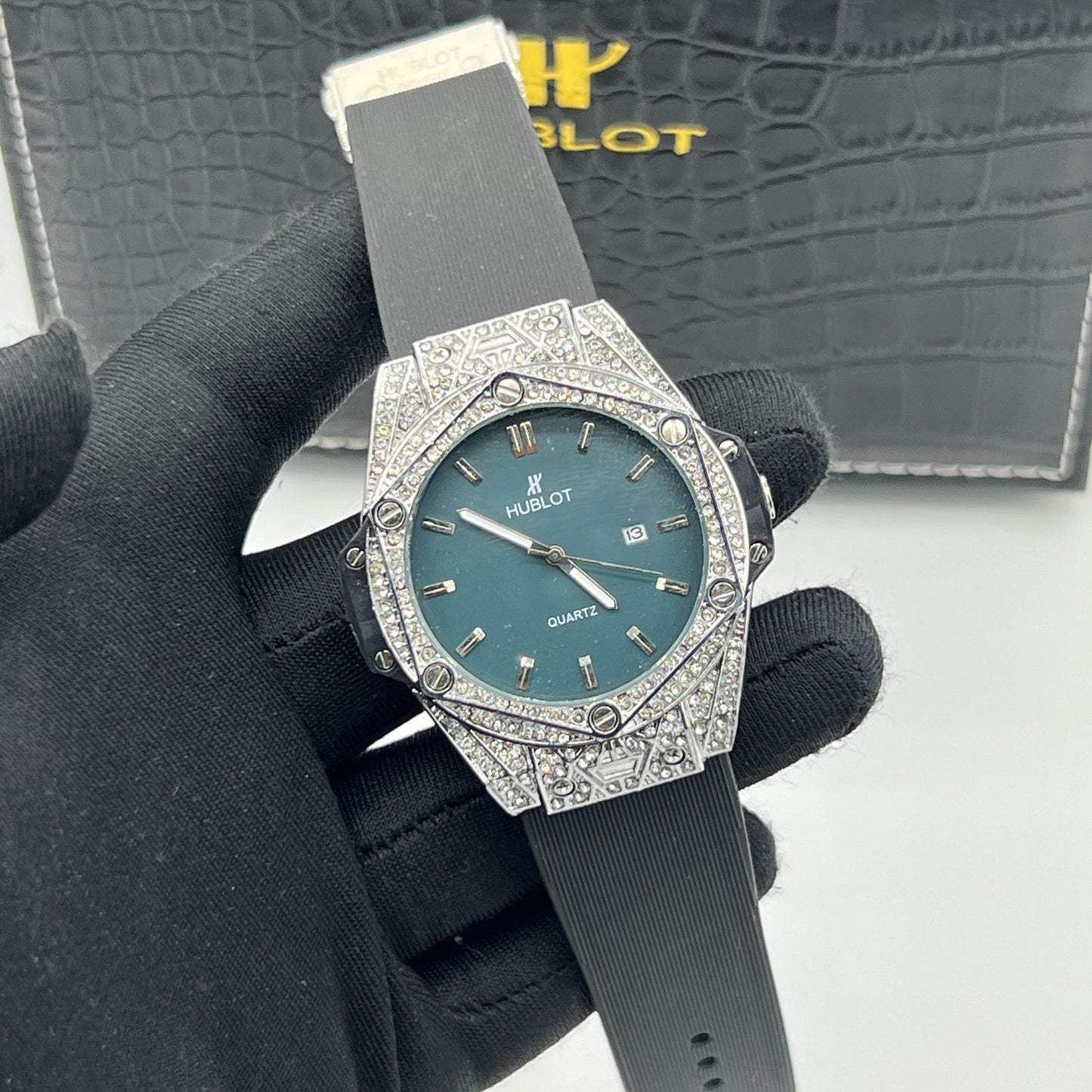 Hublot-Style Luxury Diamond-Studded Quartz Watch with Blue Dial butterfly lock