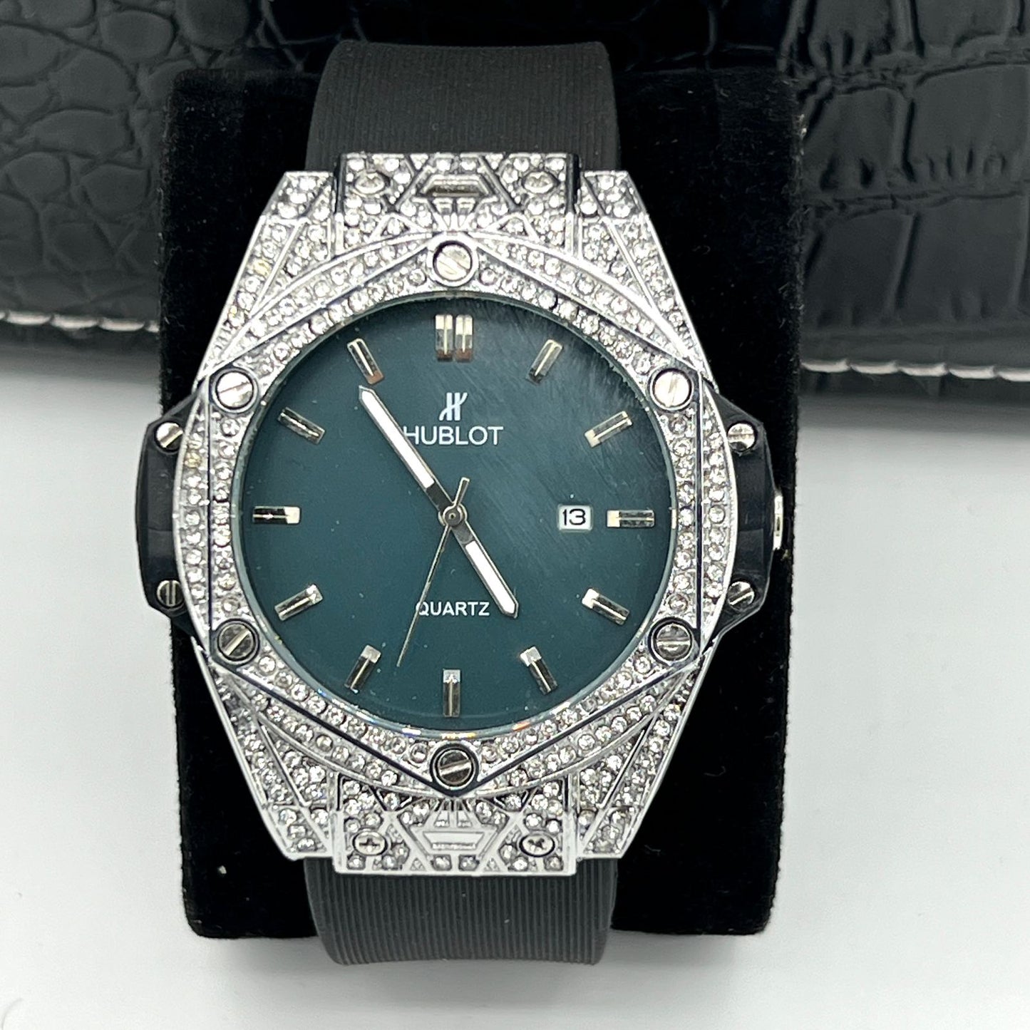 Hublot-Style Luxury Diamond-Studded Quartz Watch with Blue Dial butterfly lock