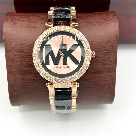 Michael Kors Parker Pavé Logo Gold-Tone and Black Stainless Steel Watch