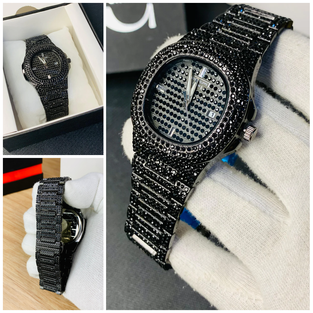 Patek Philipe Black Iced Out Watch for Men - Stainless Steel Chain Watch | Luxury Fashion