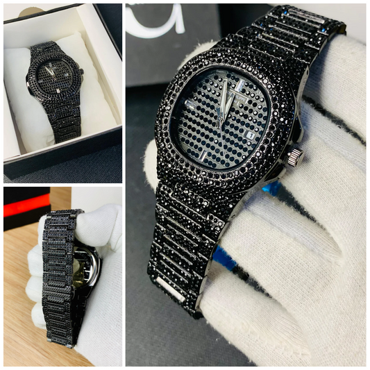 Patek Philipe Black Iced Out Watch for Men - Stainless Steel Chain Watch | Luxury Fashion