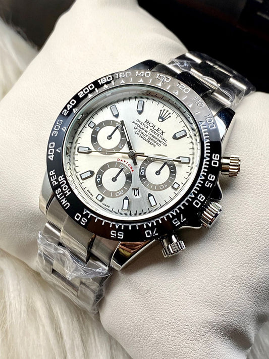 Rolex Daytona Rotating Bezel Quartz Machine | Quartz Chronograph Movement Silver Stainless Steel Strap Watch With Master Lock For Men