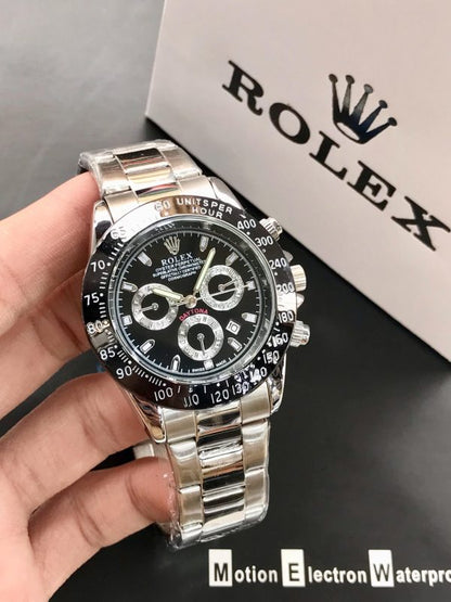 Rolex Daytona Rotating Bezel Quartz Machine | Quartz Chronograph Movement Silver Stainless Steel Strap Watch With Master Lock For Men