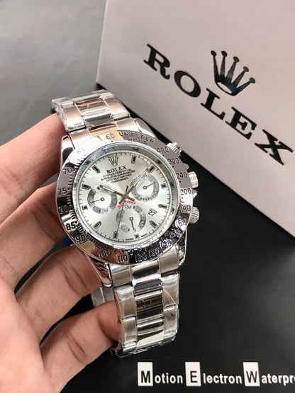 Rolex Daytona Rotating Bezel Quartz Machine | Quartz Chronograph Movement Silver Stainless Steel Strap Watch With Master Lock For Men
